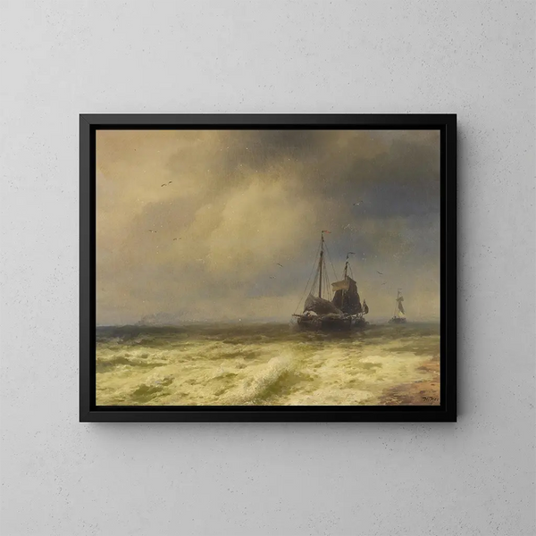 Due navi sulla riva del mare - Hermann Ottomar Herzog — quadro incorniciato alla parete