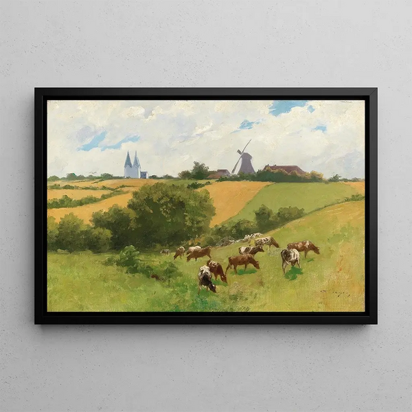 gregge di animali in un paesaggio estivo - Hermann Seeger — quadro incorniciato alla parete