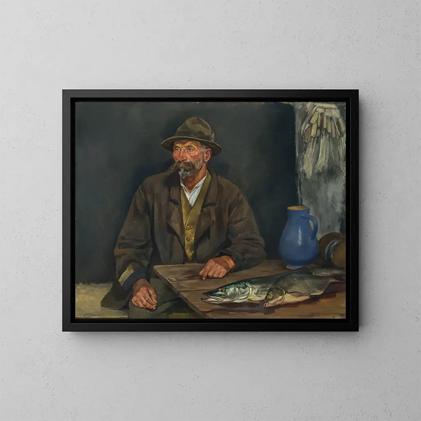 Il vecchio Moser con un lucioperca - Hiasl Maier-Erding — quadro incorniciato alla parete