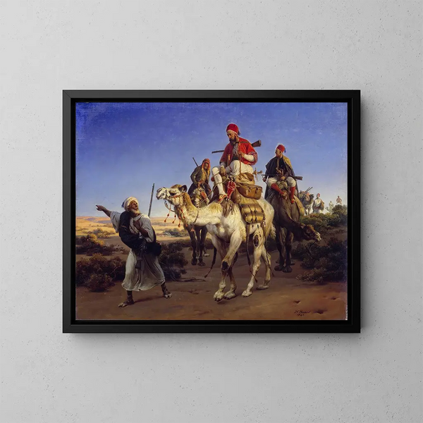 L'artista e i suoi compagni che viaggiano nel deserto - Horace Vernet — quadro incorniciato alla parete