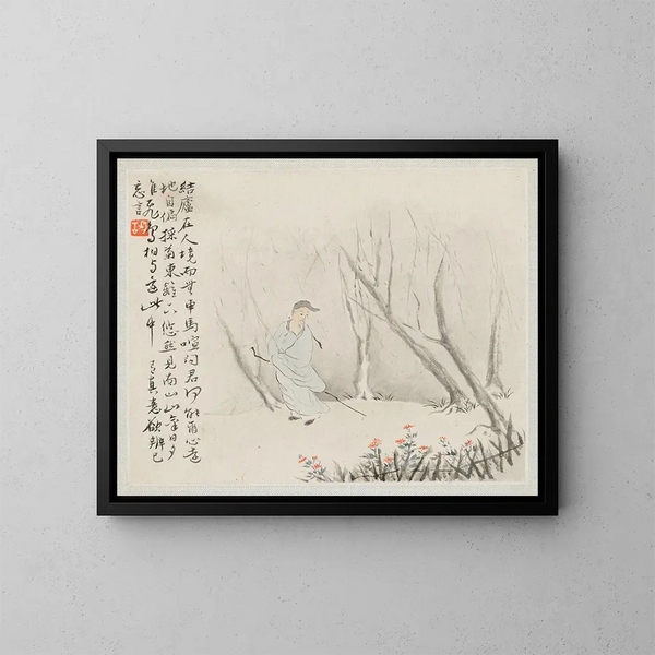 Un vecchio con un bastone cammina su un sentiero boscoso - Hua Yan — quadro incorniciato alla parete