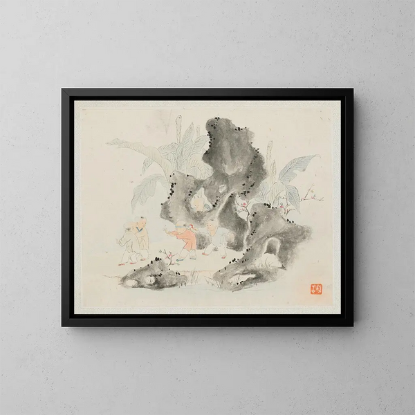 Dei bambini che giocano in un boschetto roccioso - Hua Yan — quadro incorniciato alla parete