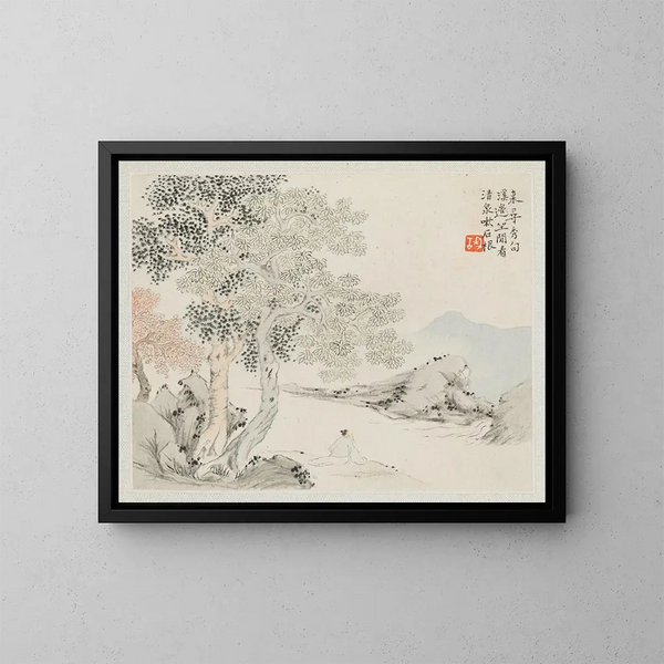 Tre grandi alberi e un ruscello con un vecchio seduto sulla riva - Hua Yan — quadro incorniciato alla parete