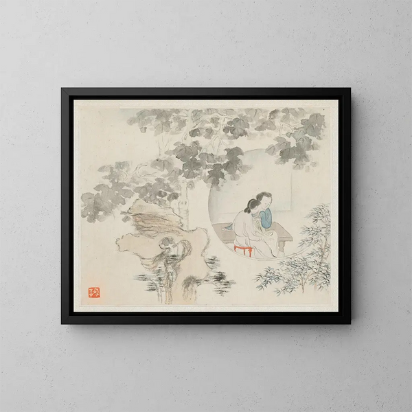 Due donne sedute a un tavolo in un cerchio visibile in un paesaggio - Hua Yan — quadro incorniciato alla parete