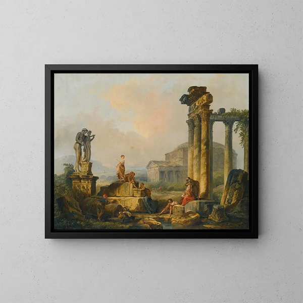 Un paesaggio con pastori e pastorelle tra rovine antiche con la statua di Castore e Polluce e il Pantheon in lontananza - Hubert Robert — quadro incorniciato alla parete