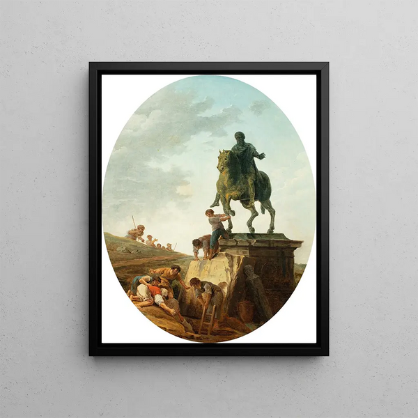 Un paesaggio animato con la statua di Marco Aurelio - Hubert Robert — quadro incorniciato alla parete