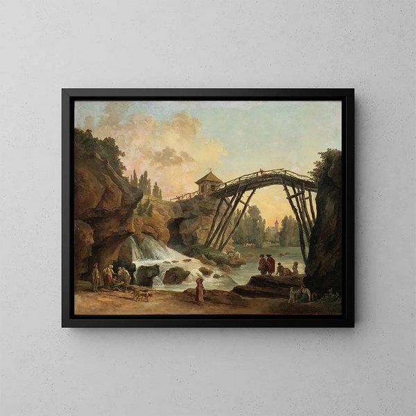 Disegnatore che disegna il ponte di legno nel parco di Mrville - Hubert Robert — quadro incorniciato alla parete