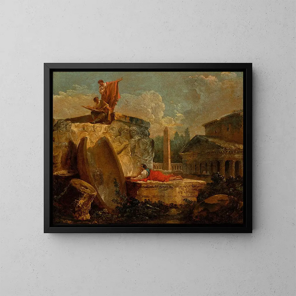 Disegnatori in un paesaggio con rovine antiche - Hubert Robert — quadro incorniciato alla parete