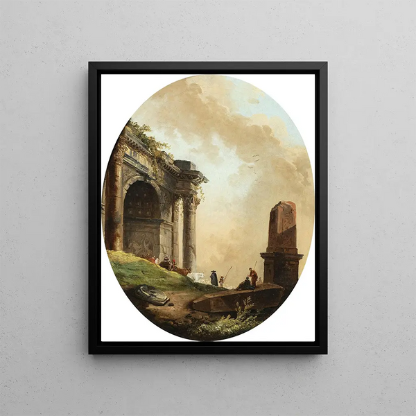 Dei pastori e il loro bestiame davanti a un arco e un obelisco in rovina - Hubert Robert — quadro incorniciato alla parete
