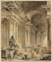 Galleria a colonne arcuate con statua antica seduta - Hubert Robert — vista dell’opera