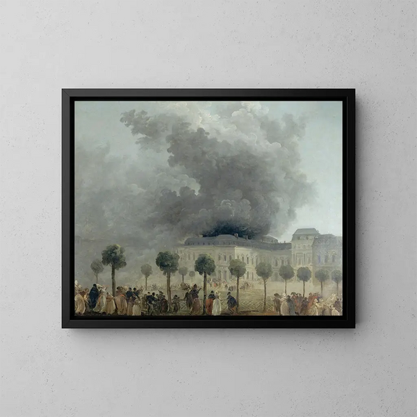 L'incendio dell'Opera visto dai giardini del Palais-Royal il 8 giugno 1781 - Hubert Robert — quadro incorniciato alla parete