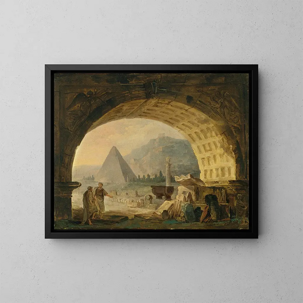 Vista di antichità sotto un arco - Hubert Robert — quadro incorniciato alla parete