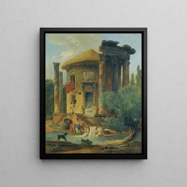 Lavandières al fiume sotto un tempio circolare in rovina - Hubert Robert — quadro incorniciato alla parete