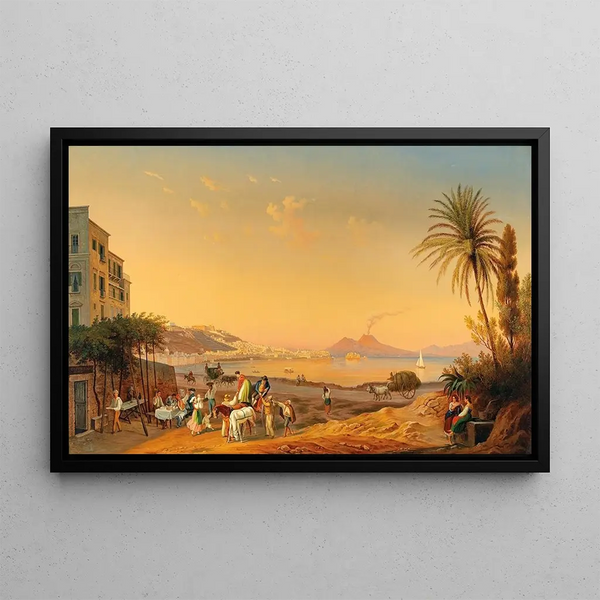 Hubert Sattler - Naples a lively scene on the promenade at dusk with Vesuvius in the background.webp