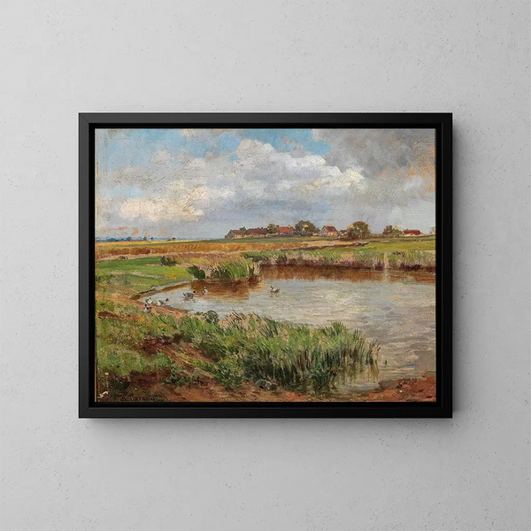 Cani al bordo dello stagno del villaggio - Hugo Darnaut — quadro incorniciato alla parete