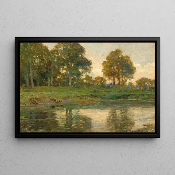Cervo élaphe vicino a uno stagno al tramonto - Hugo Darnaut — quadro incorniciato alla parete