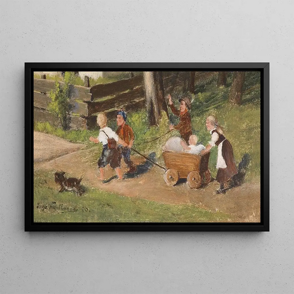 Bambini con carrello - Hugo Kauffmann — quadro incorniciato alla parete