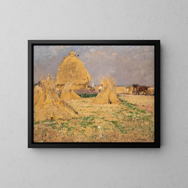 degli agricoltori che mietono il fieno - Hugo Mühlig — quadro incorniciato alla parete
