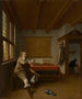 Un uomo che tiene un bicchiere di vino rovesciato in un interno con due servitori che si baciano in una porta oltre - Isaac Koedijck — vista dell’opera