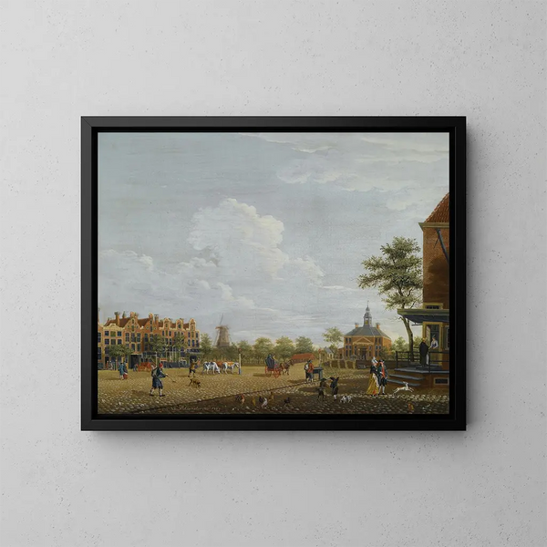 Amsterdam, vista di Weesperplein con la Weesperpoort e il mulino a mais Het Fortuyn sul fortificato di Weesp sullo sfondo - Isaac Ouwater — quadro incorniciato alla parete