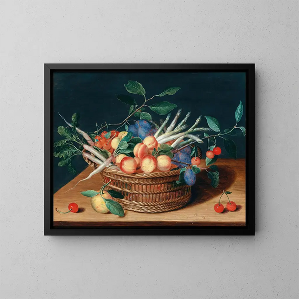 Albicocche, ciliegie, prugne, ravanelli e asparagi in un cesto di vimini - Isaac Soreau — quadro incorniciato alla parete