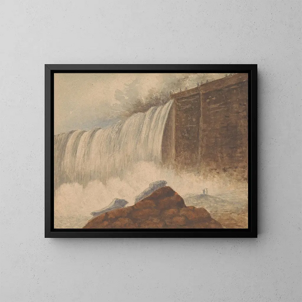 Vista delle cascate del Niagara con due figure su una roccia in primo piano a destra - Isaac Weld — quadro incorniciato alla parete