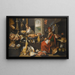 Interno di cucina con uno chef e il suo assistente circondati da carni e strumenti da cucina, un camino a destra - Scuola italo-flamanda — quadro incorniciato alla parete
