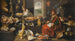Interno di cucina con uno chef e il suo assistente circondati da carni e strumenti da cucina, un camino a destra - Scuola italo-flamanda — vista dell’opera