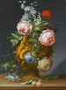 Natura morta di rose e altri fiori in un vaso antico decorato con putti, il tutto su un davanzale - J. C. Sartori — vista dell’opera