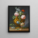 Natura morta di rose e altri fiori in un vaso antico decorato con putti, il tutto su un davanzale - J. C. Sartori — quadro incorniciato alla parete