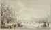 Paesaggio invernale sul fiume, pattinatori a sinistra sul molo, un'auto - J H van Loon — vista dell’opera
