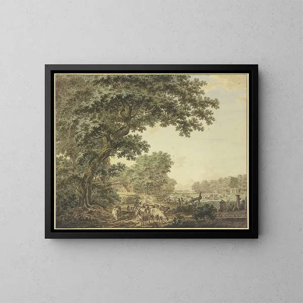 Prateria tra la foresta con numerosi animali, un pastore con il suo gregge in primo piano, un pescatore a destra su un ponte - Jacob Cats — quadro incorniciato alla parete