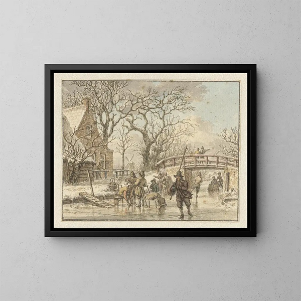 Paesaggio invernale con pattinatori su un ruscello - Jacob Cats — quadro incorniciato alla parete