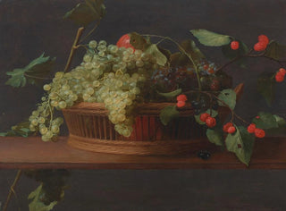 Jacob Foppens van Es - A basket of grapes and raspberries on a ledge oil on panel.webp