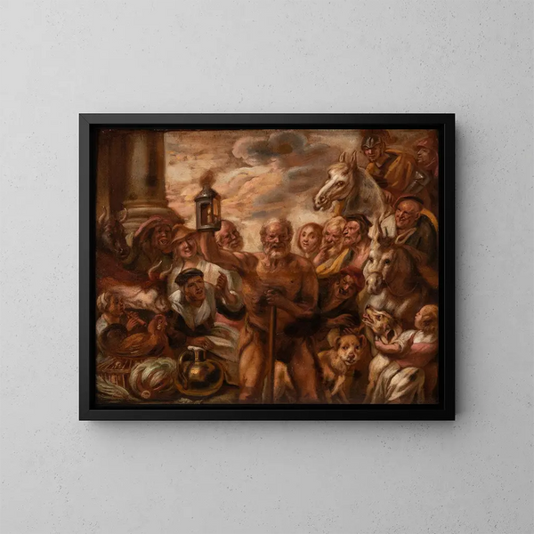 Diogene alla ricerca di un uomo onesto - Jacob Jordaens — quadro incorniciato alla parete