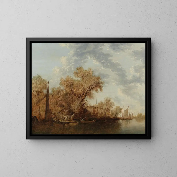 Un paesaggio fluviale con barche - Jacob Salomonsz van Ruysdael — quadro incorniciato alla parete