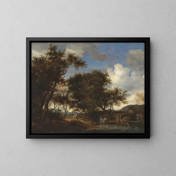 Paesaggio con viaggiatori che abbeverano i loro cavalli - Jacob Salomonsz van Ruysdael — quadro incorniciato alla parete