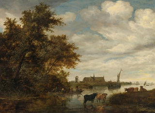 Paesaggio fluviale con pescatori e bestiame, la chiesa Grote Kerk di Alkmaar in lontananza - Jacob Salomonsz van Ruysdael — vista dell’opera