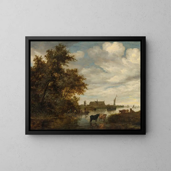 Paesaggio fluviale con pescatori e bestiame, la chiesa Grote Kerk di Alkmaar in lontananza - Jacob Salomonsz van Ruysdael — quadro incorniciato alla parete