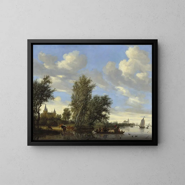Paesaggio fluviale con barca - Jacob Salomonsz van Ruysdael — quadro incorniciato alla parete