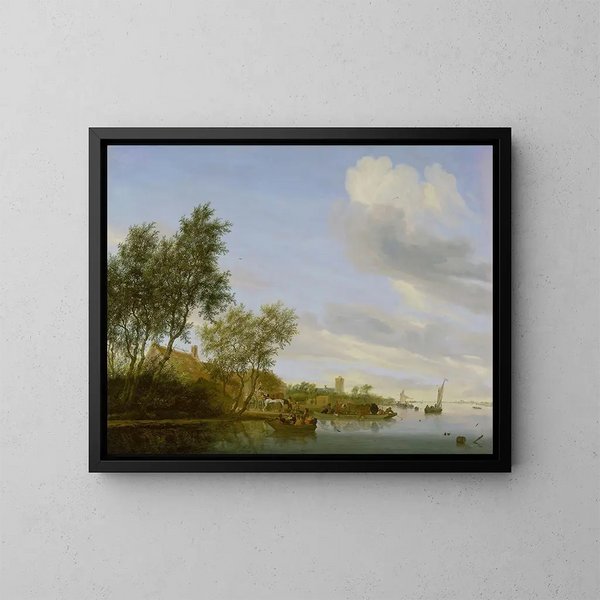 Paesaggio fluviale con un bac - Jacob Salomonsz van Ruysdael — quadro incorniciato alla parete
