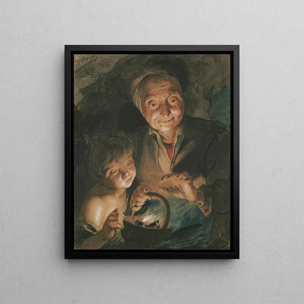 Una vecchia donna e un ragazzo che si scaldano le mani - Jacob de Wit — quadro incorniciato alla parete