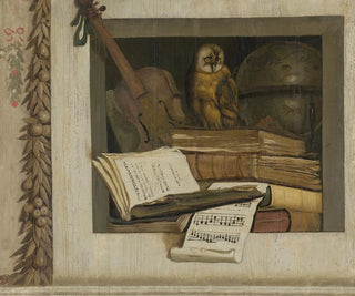 Jacob van Campen - Still Life with Books Sheet Music Violin Celestial Globe and an Owl.webp