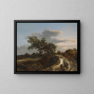 Un paesaggio di dune con un contadino su un sentiero sabbioso e una vista lontana di Haarlem - Jacob van Ruisdael — quadro incorniciato alla parete