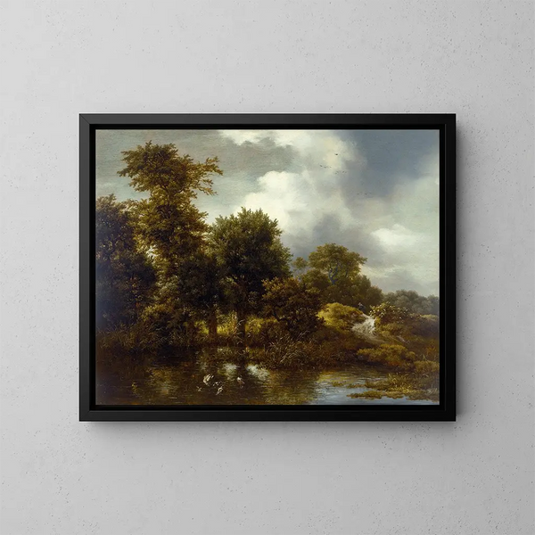 Un paesaggio boscoso con uno stagno - Jacob van Ruisdael — quadro incorniciato alla parete