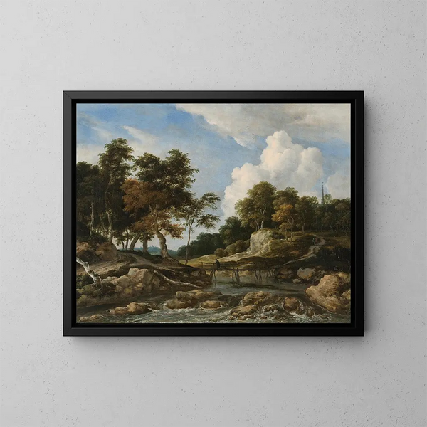 Un paesaggio fluviale boscoso con un ponte e una chiesa in lontananza - Jacob van Ruisdael — quadro incorniciato alla parete