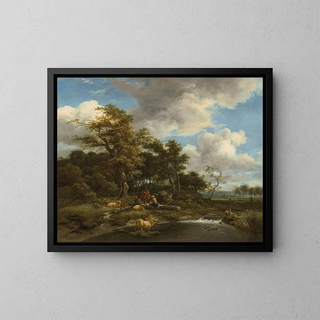 Jacob van Ruisdael - A wooded river landscape with shepherds and their flock.webp