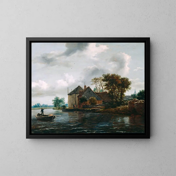 Chiusa e fascina di fieno ai margini di un fiume - Jacob van Ruisdael — quadro incorniciato alla parete