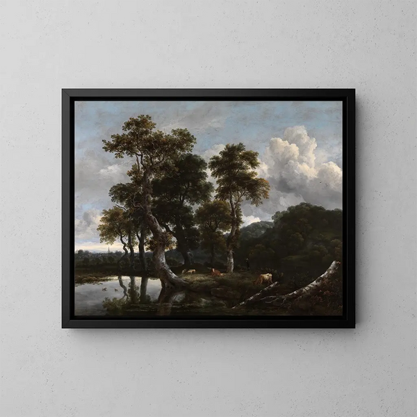 Grande ciuffo di alberi sul bordo dell'acqua - Jacob van Ruisdael — quadro incorniciato alla parete