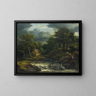Paesaggio boscoso con cascata e temporale imminente - Jacob van Ruisdael — quadro incorniciato alla parete